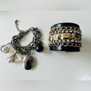 2 Black studded cuff bracelet / charm bracelet
